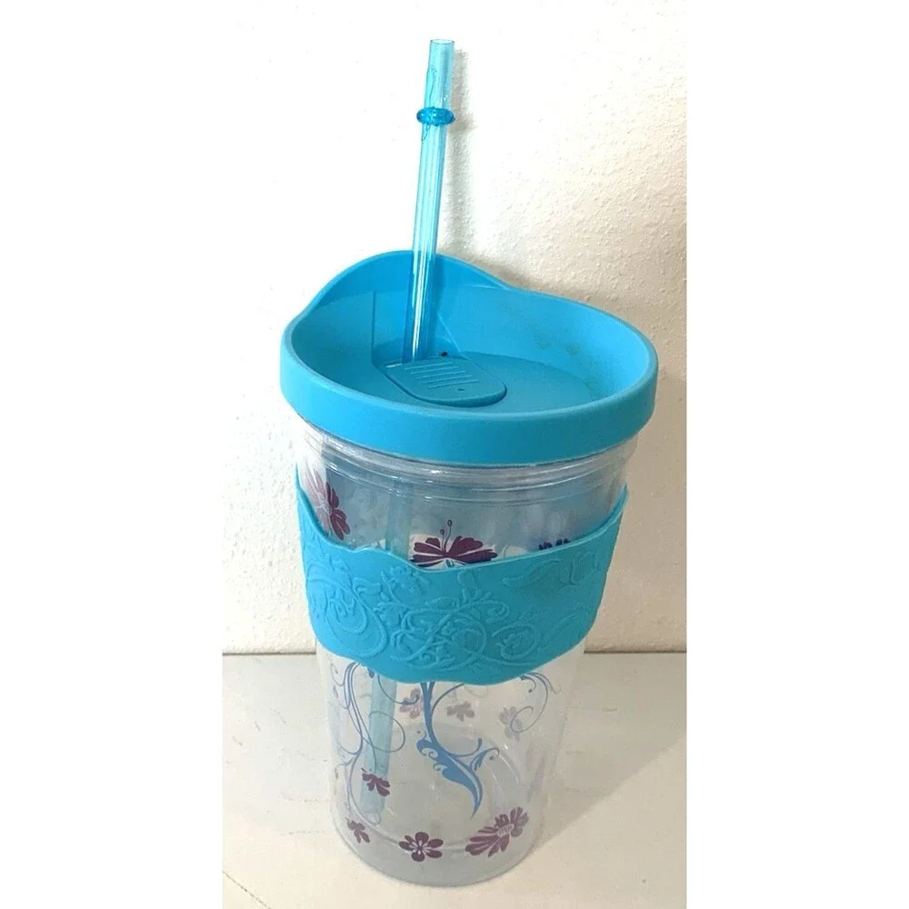 Double Wall Hot/Cold Tumbler 16.37 Fl Oz w/Straw Floral w/Protective Grip New